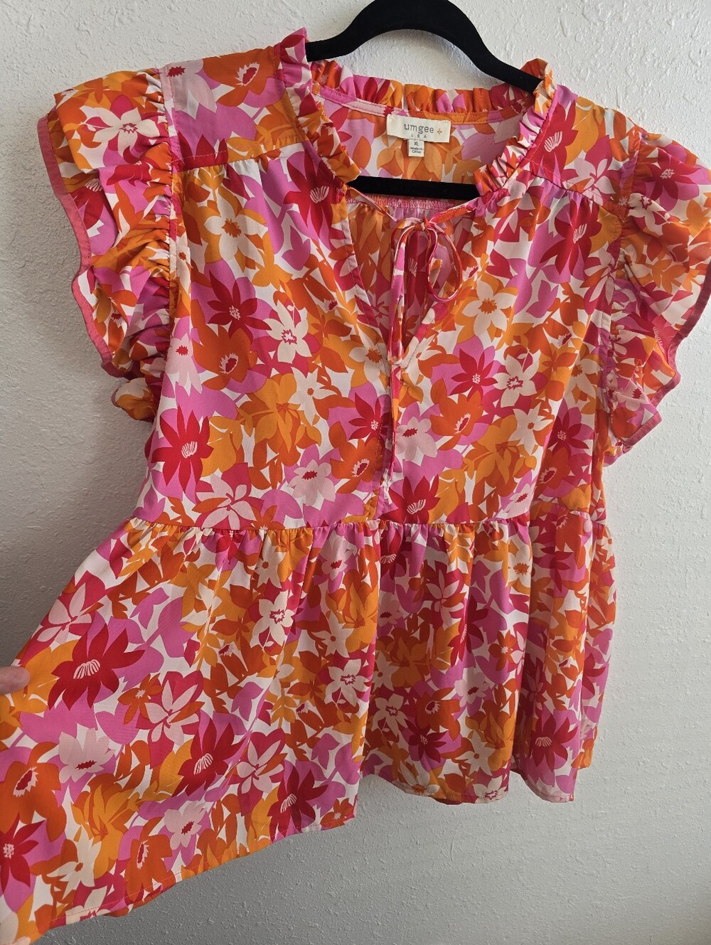 Umgee It's All For Fun Pink Floral Babydoll Blouse Sz XL Ruffle Sleeve - Picture 8 of 12